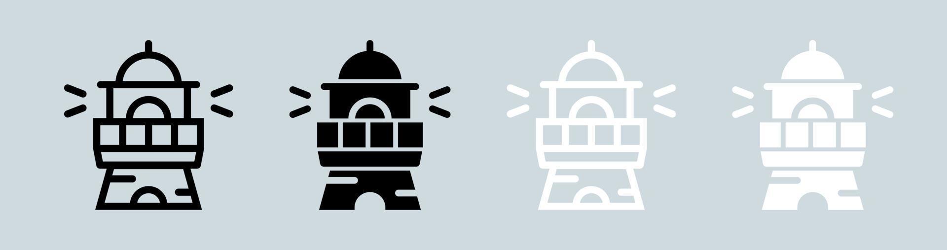 Lighthouse icon set in black and white colors. Beacon light signs vector illustration.
