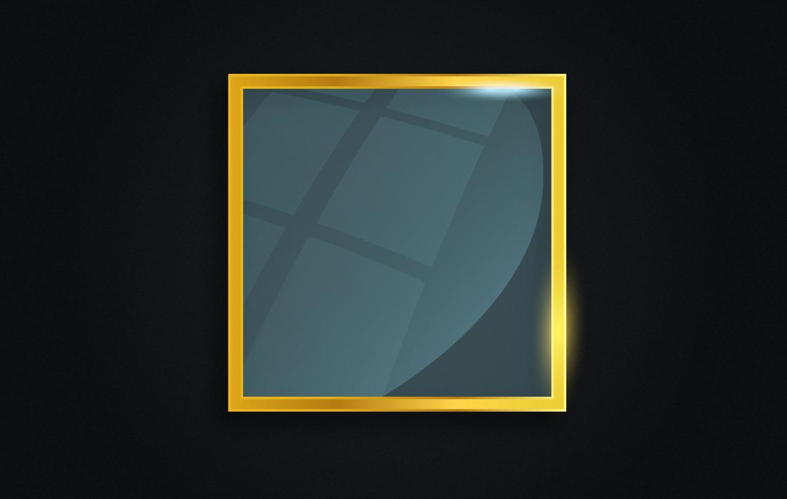 Realistic glass effect in a square golden frame. Luxury mirror mockup vector illustration.