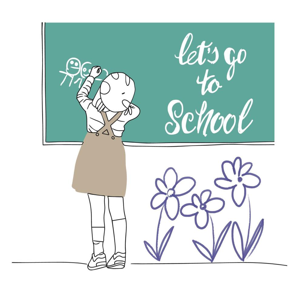 Lets go to school, handwritten lettering, girl schoolgirl draws on the blackboard vector