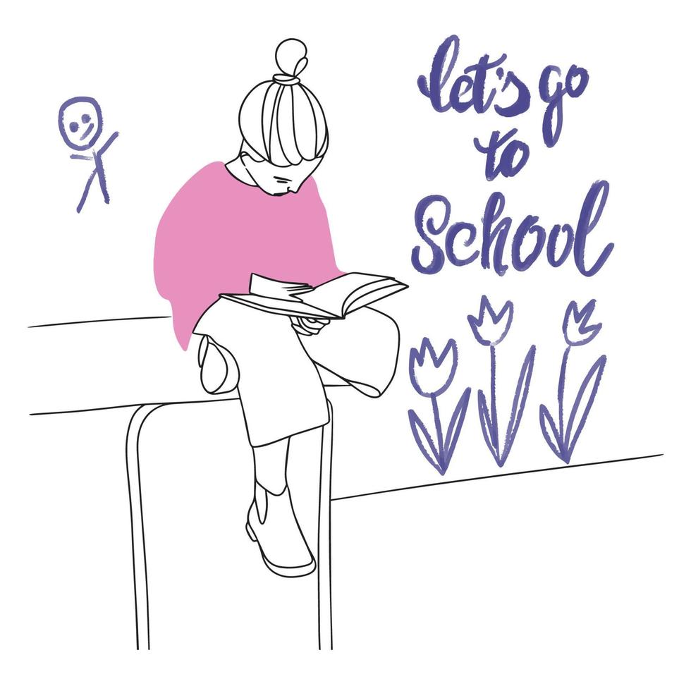 Lets go to school, handwritten inscription, girl schoolgirl reads a book sitting on a desk vector