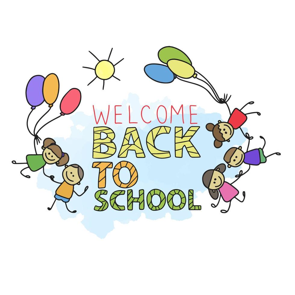 back to school, handwritten quotes, cute cartoon kids joyful