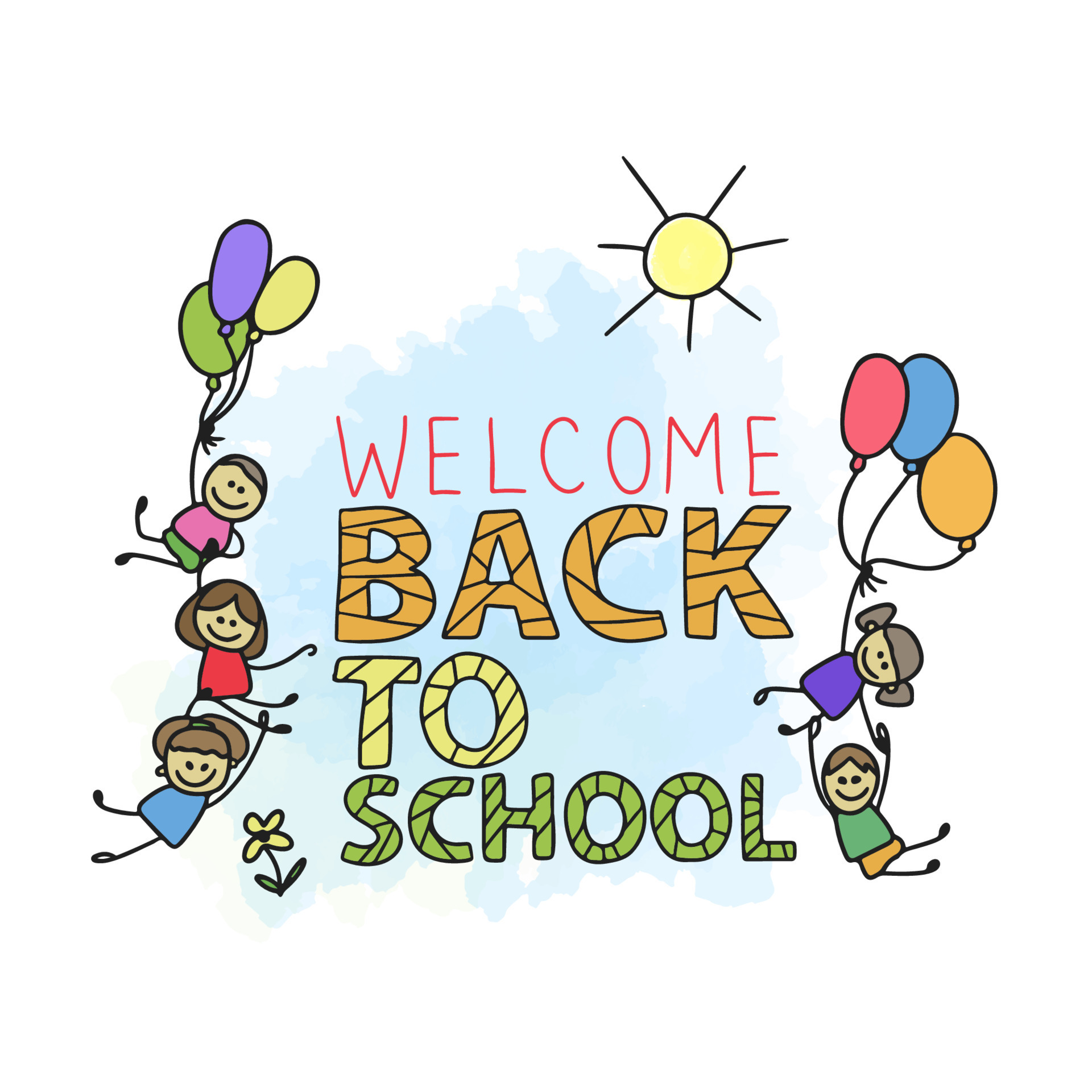 Welcome back to school, handwritten quotes, cute cartoon kids joyful with  balloons 10253686 Vector Art at Vecteezy