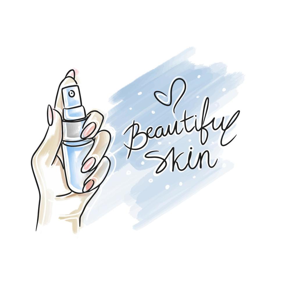 piel hermosa, letras escritas a mano, cosméticos para el cuidado de la piel, mano sosteniendo una botella de producto cosmético vector