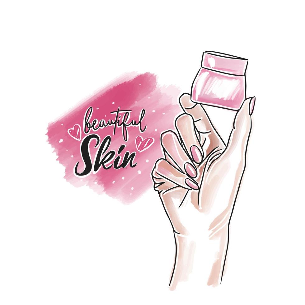 Beautiful skin, handwritten lettering, skincare cosmetics, hand with jar of cosmetic product vector
