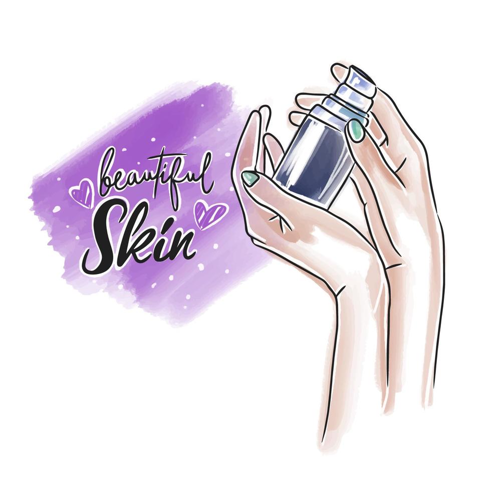 Beautiful skin, handwritten lettering, skin care cosmetics, hand holding a bottle of cosmetic product vector