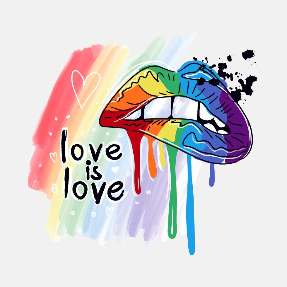 Love is love. Smudged lips, watercolor background, paint splatter, lgbt pride, gay pride, rainbow flag vector