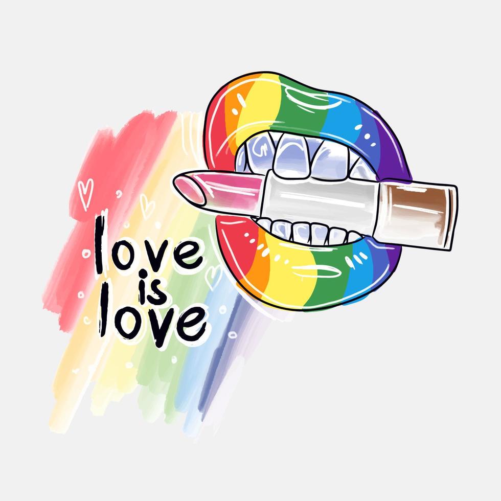 Love is love. Lipstick and lips, watercolor background, paint splatter, lgbt pride vector