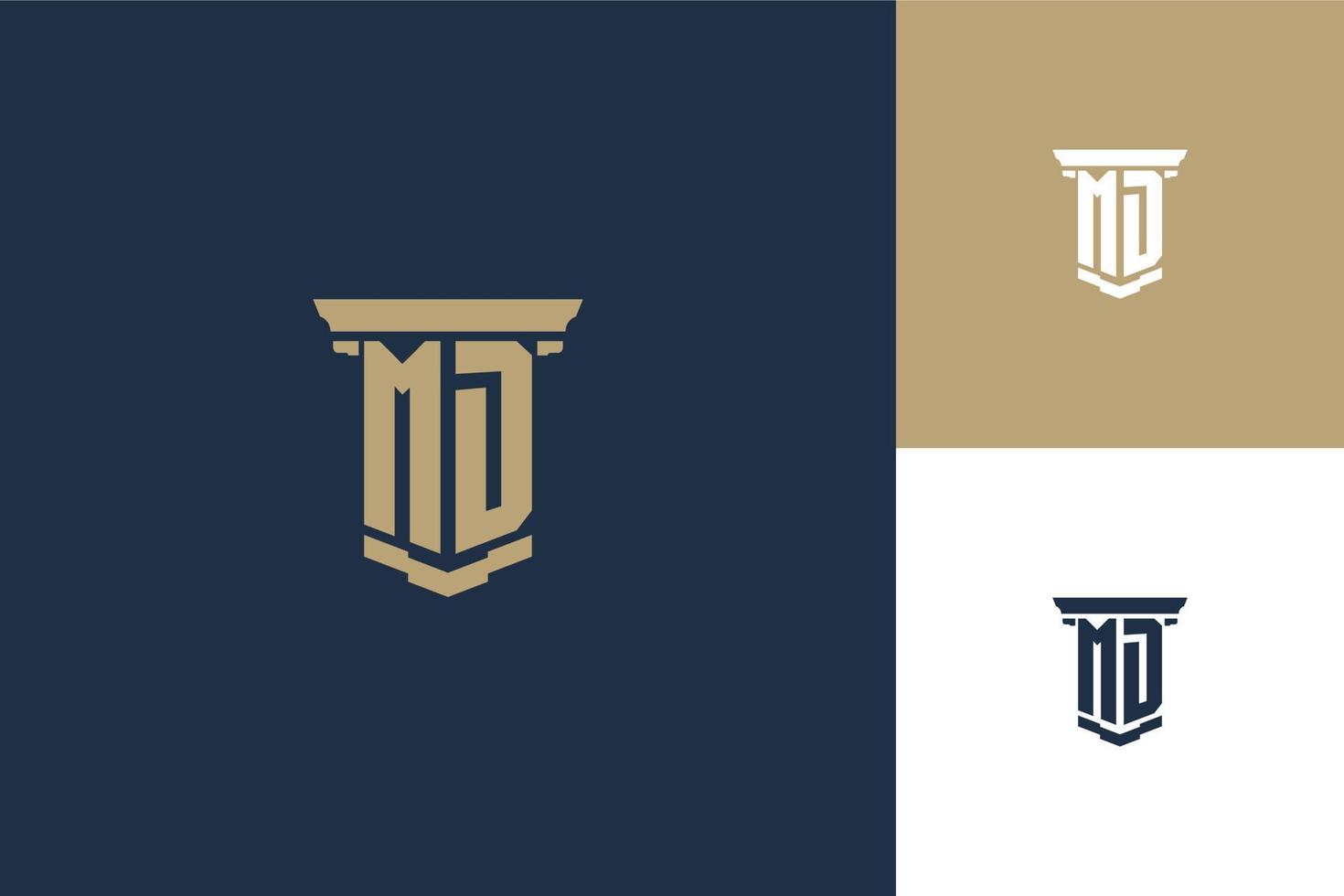 MD monogram initials logo design with pillar icon. Attorney law logo design vector