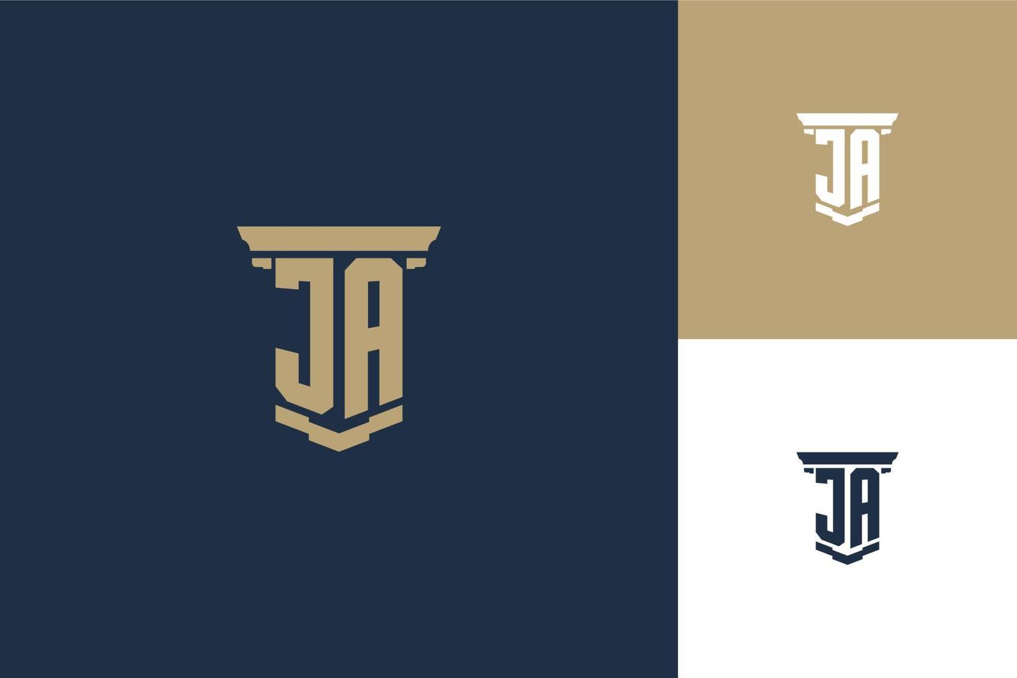 JA monogram initials logo design with pillar icon. Attorney law logo design vector