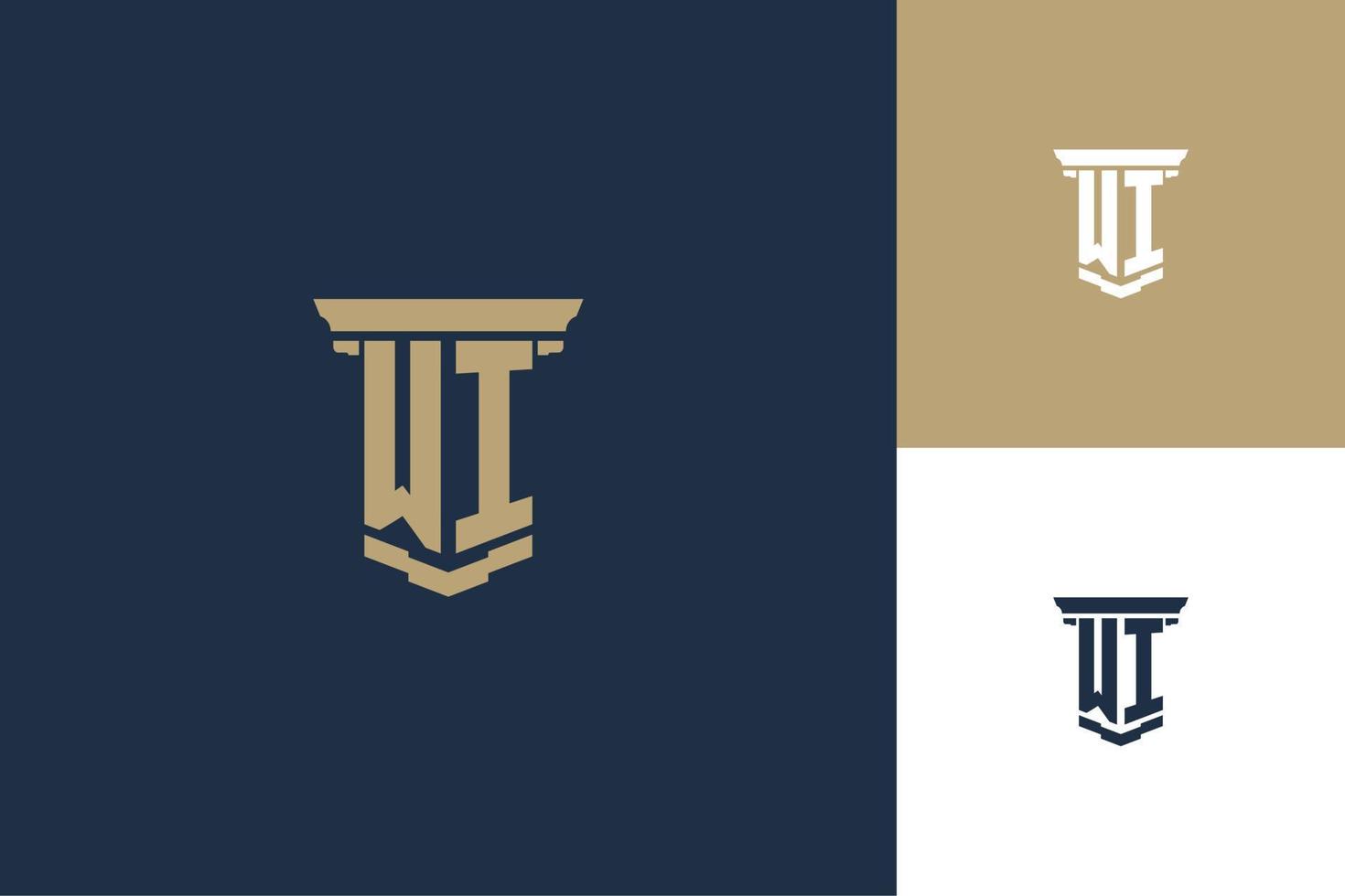 WI monogram initials logo design with pillar icon. Attorney law logo design vector