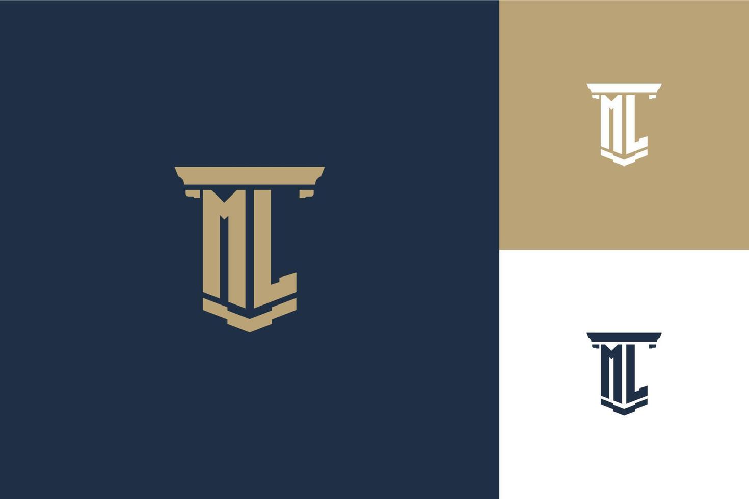 ML monogram initials logo design with pillar icon. Attorney law logo design vector
