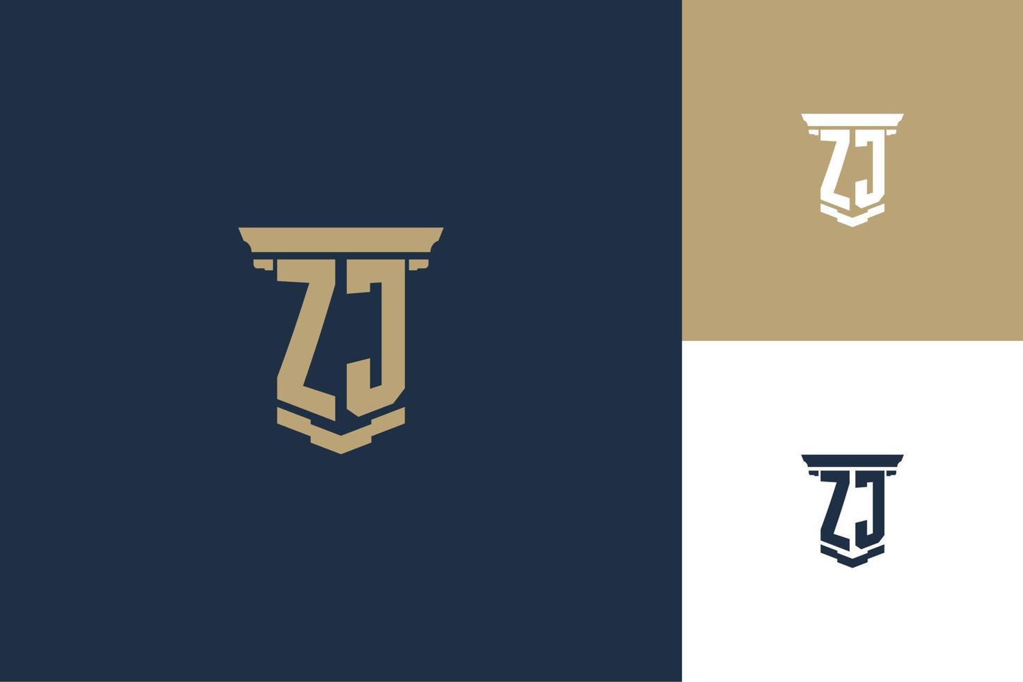 Diseño de logotipo de iniciales de monograma zj con icono de pilar. diseño de logotipo de ley de abogado vector
