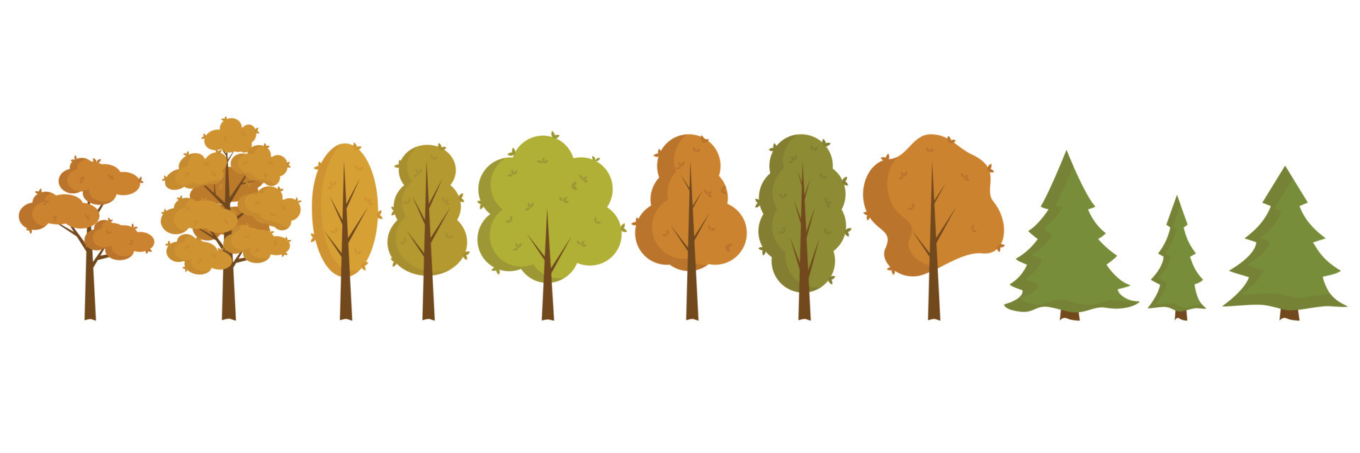 Set of flat stylized trees. Natural vector illustration. Side view
