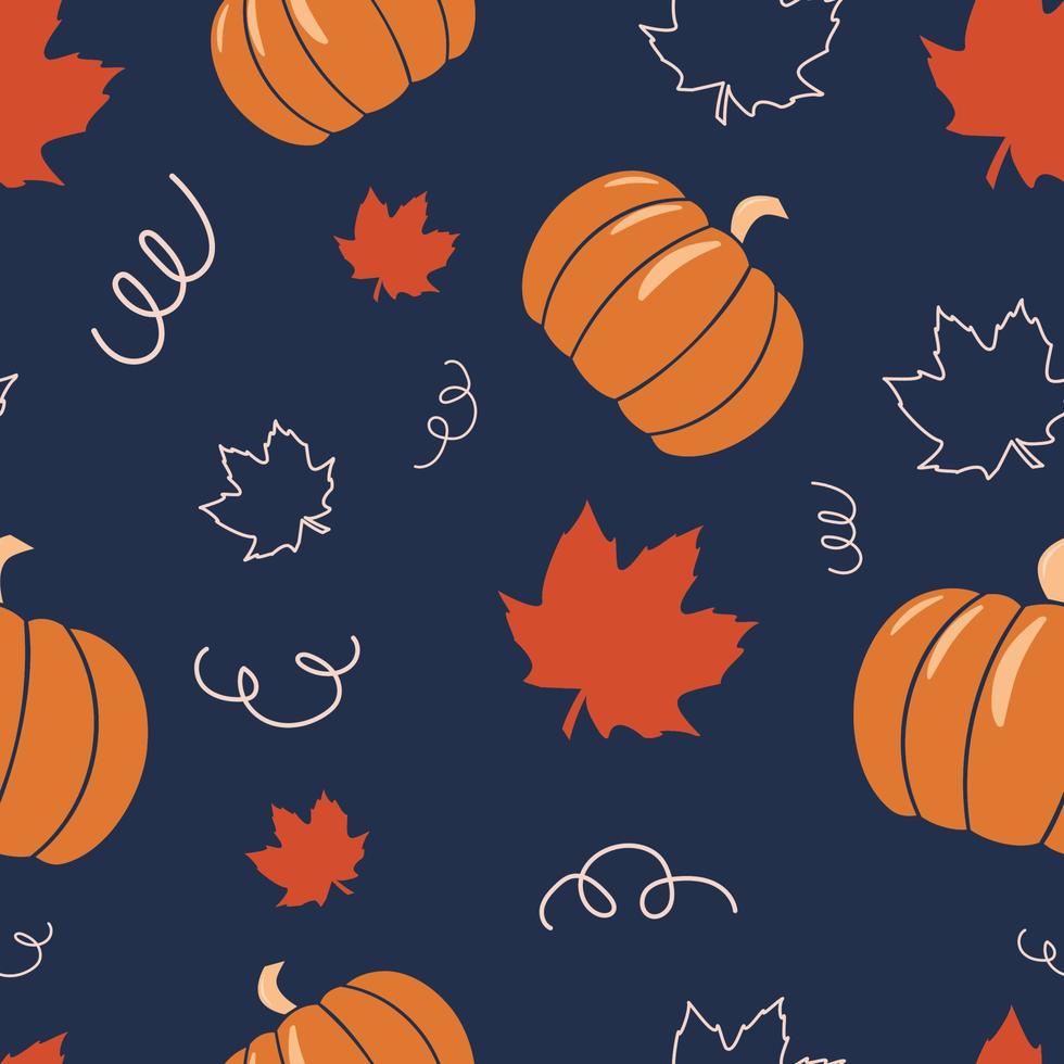 Cute pumpkins and leaves seamless vector pattern for fabric, wrapping paper or wallpaper. Vegetable autumn background.