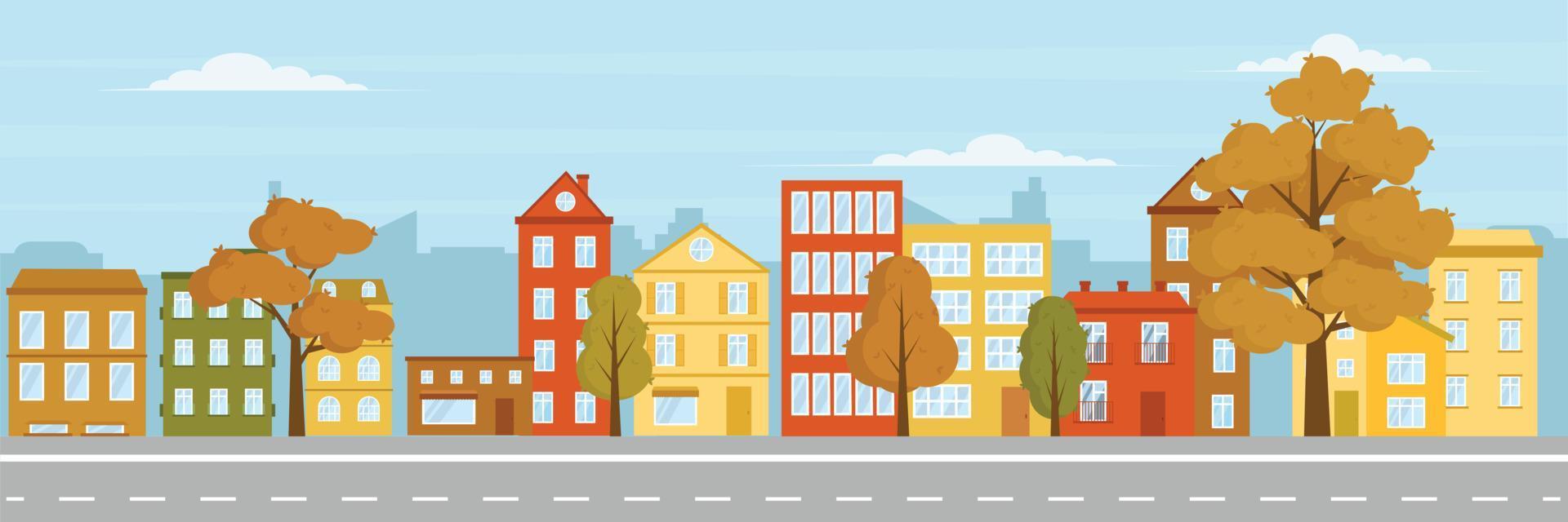 Autumn city park flat illustration. Fall street outdoor panoramic view. Colorful cityscape horizontal banner or background. vector