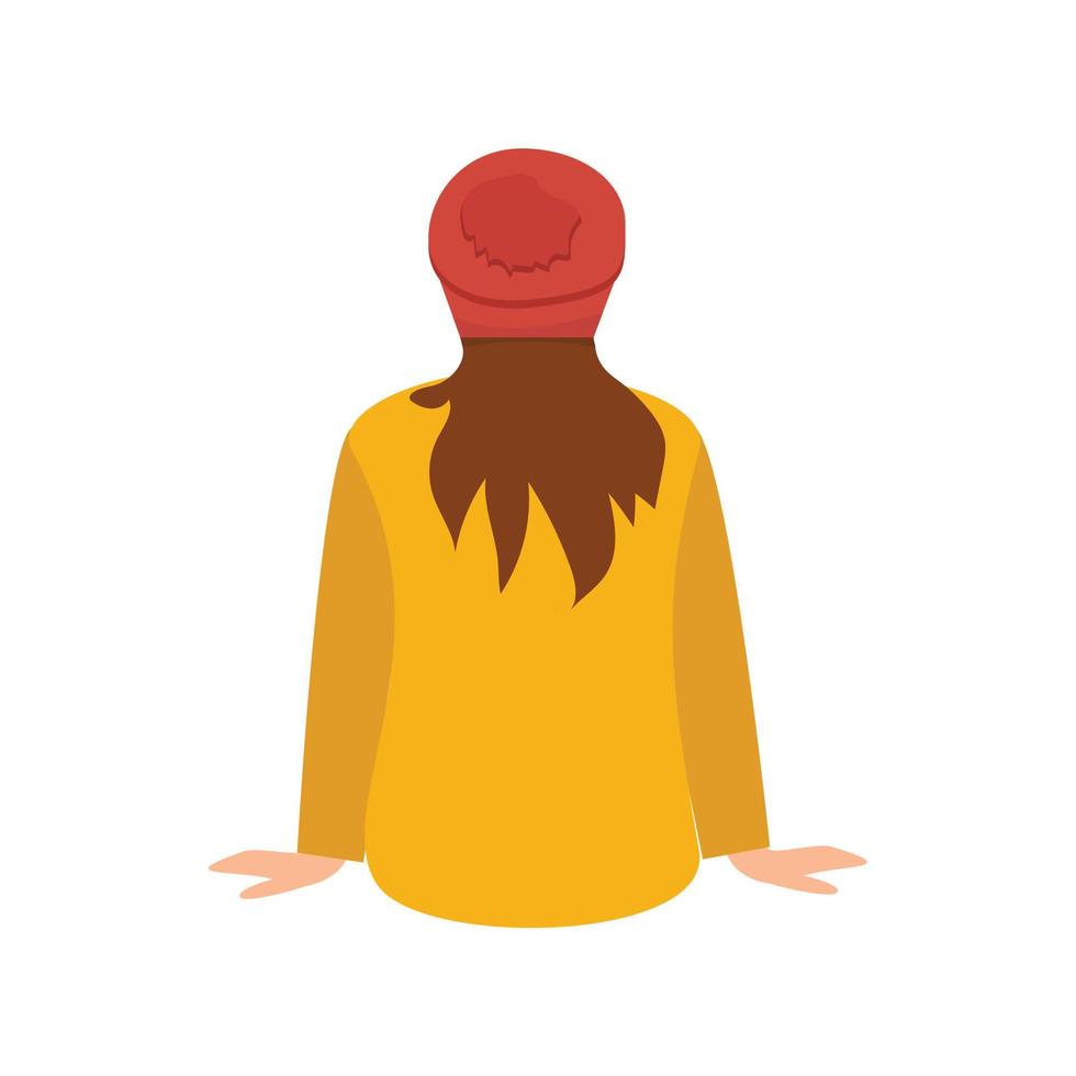 Back view of beautiful young woman in hat and coat sitting and looks into the distance. Red girl relaxes. Rear view people collection. backside view of person. Isolated over white background. vector