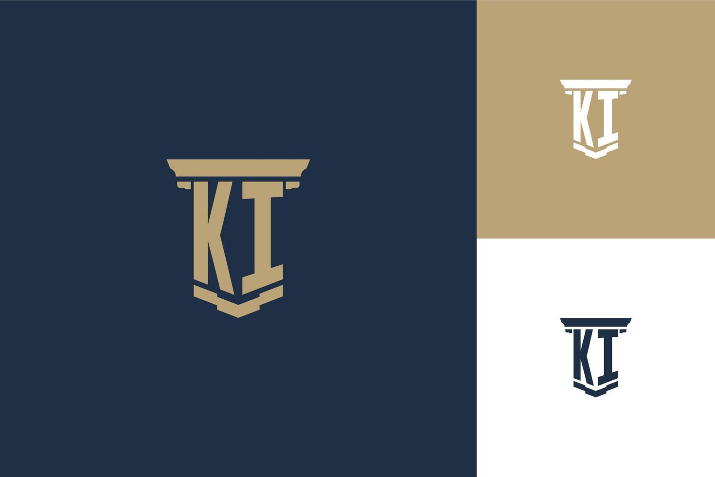 KI monogram initials logo design with pillar icon. Attorney law logo design vector