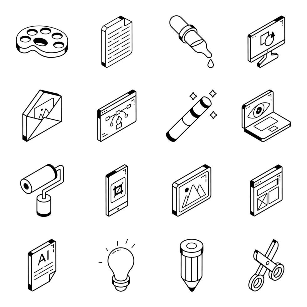 Set of Isometric Graphics Designing Icons vector