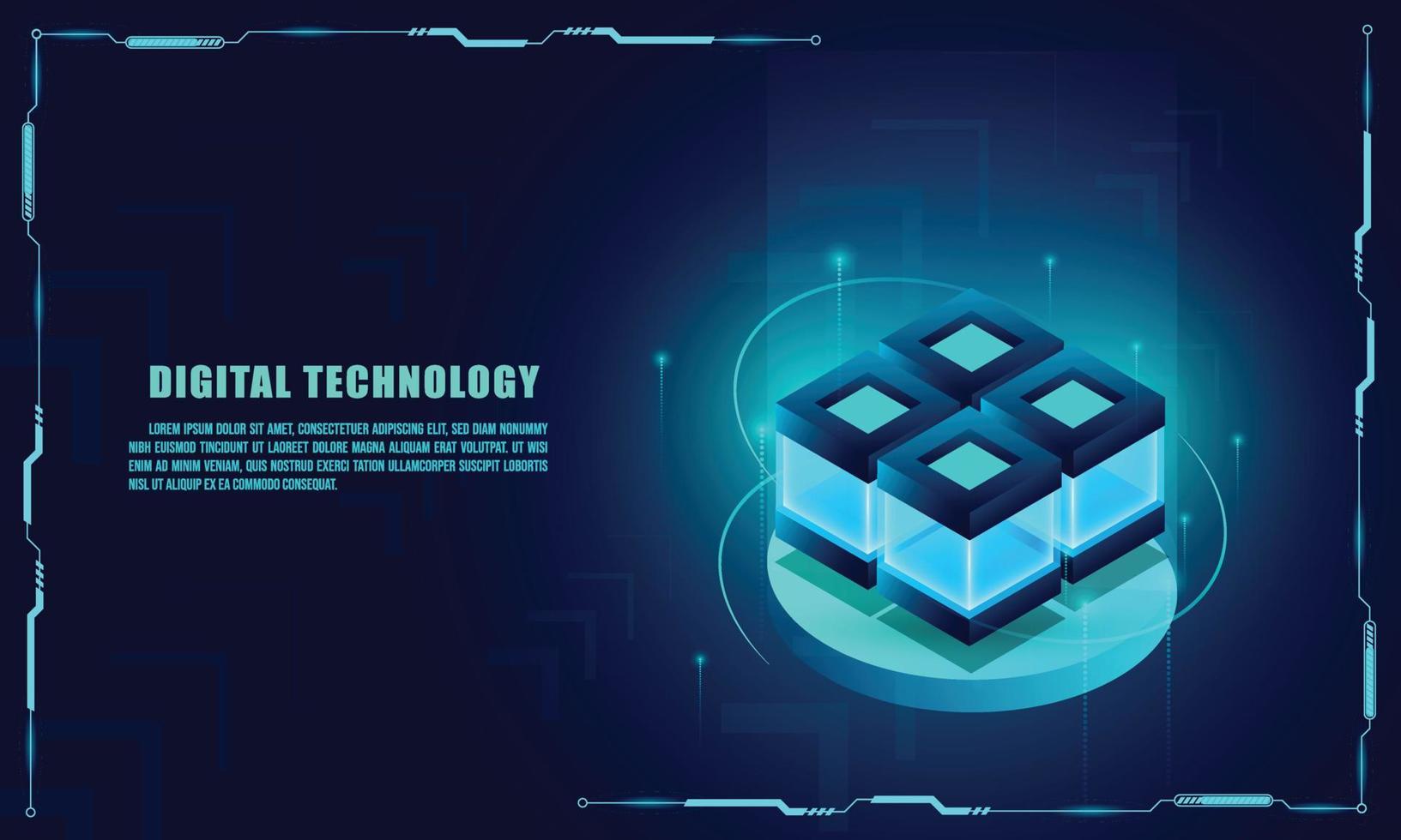 Vector realistic 3d cubes with blue glowing on dark blue background.