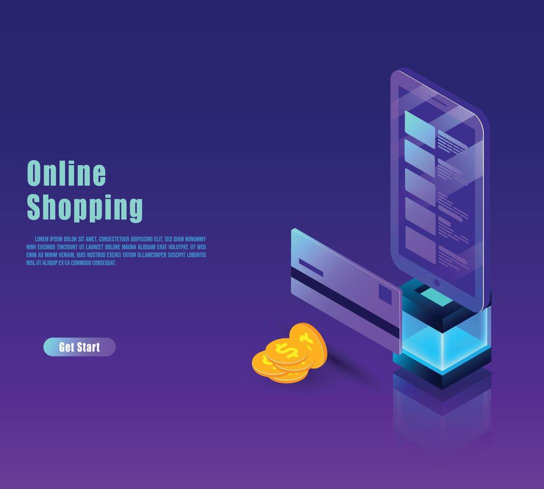 Isometric shopping online and payment online concepts. vector