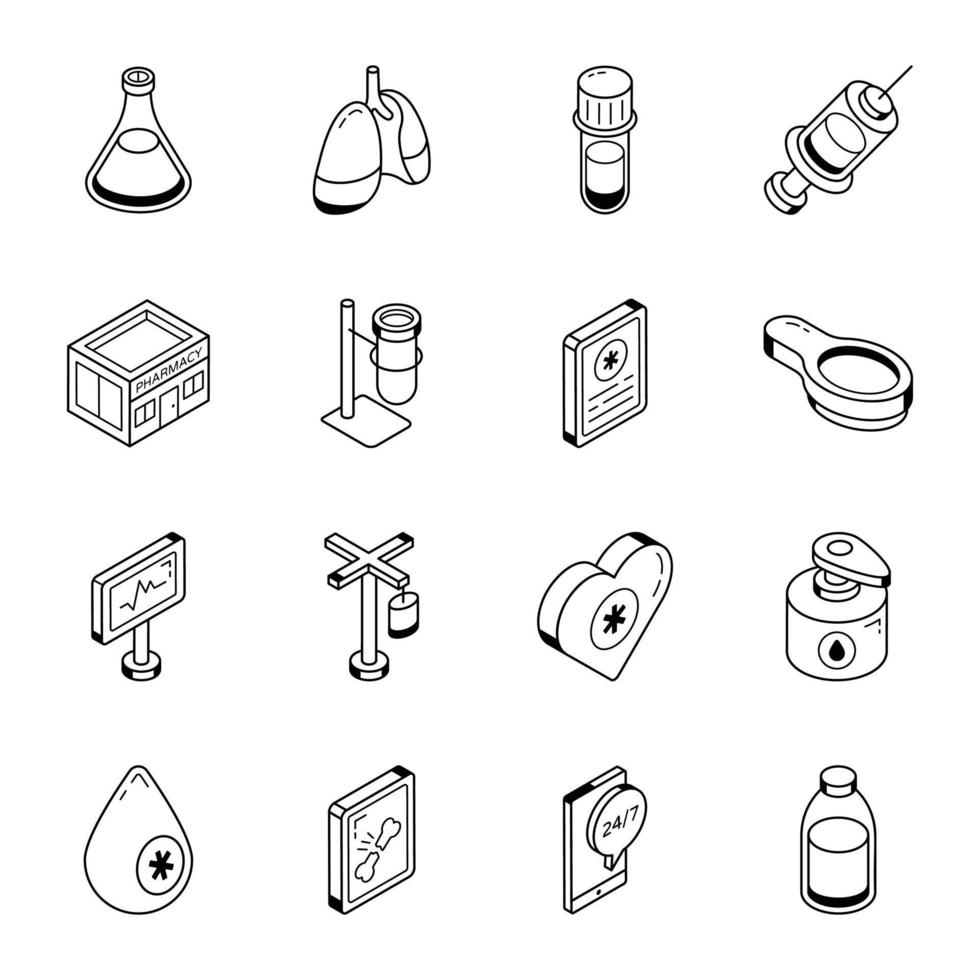 Pack of Medical Isometric Line Icons vector