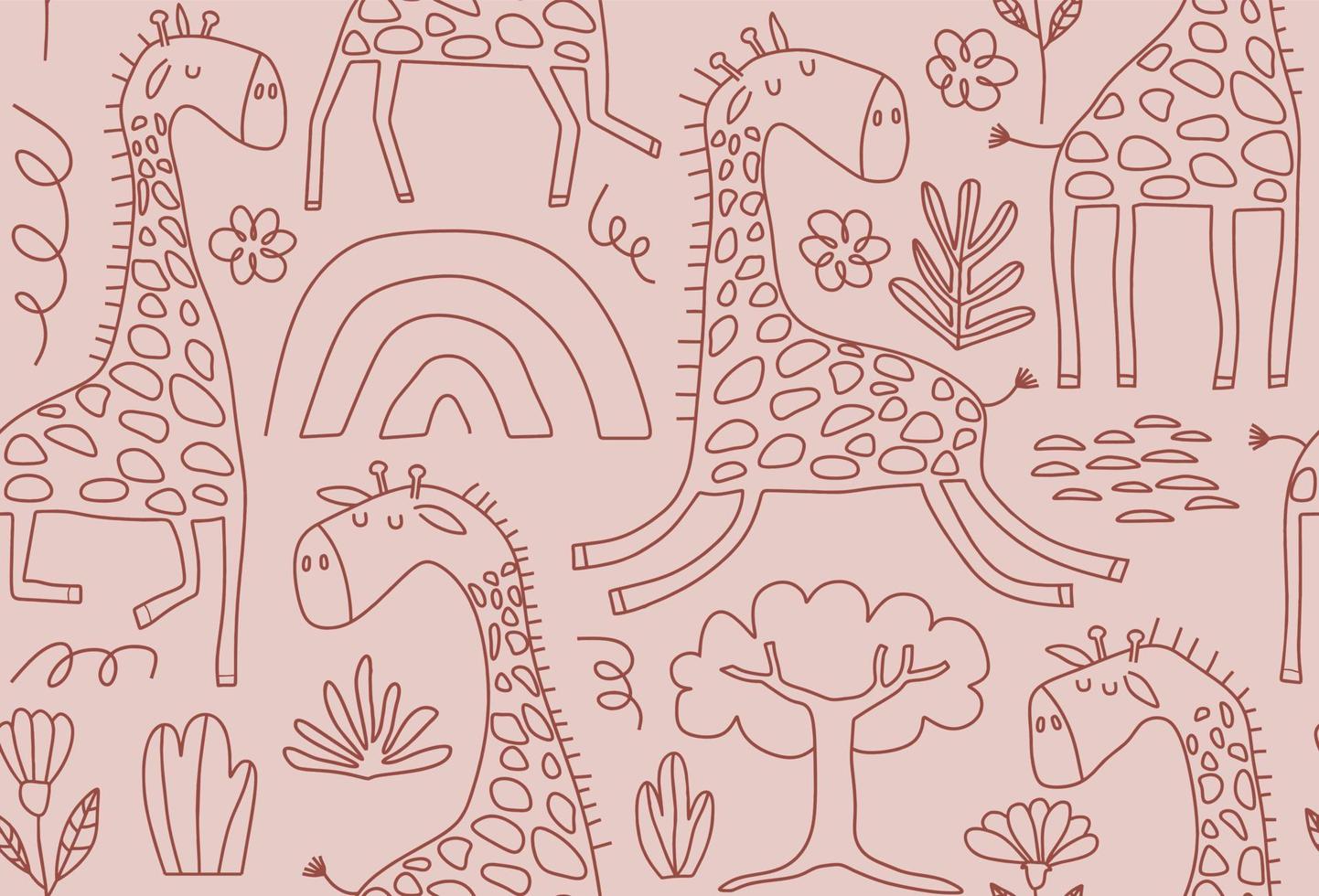 Cute seamless pattern with wild animals line art. vector