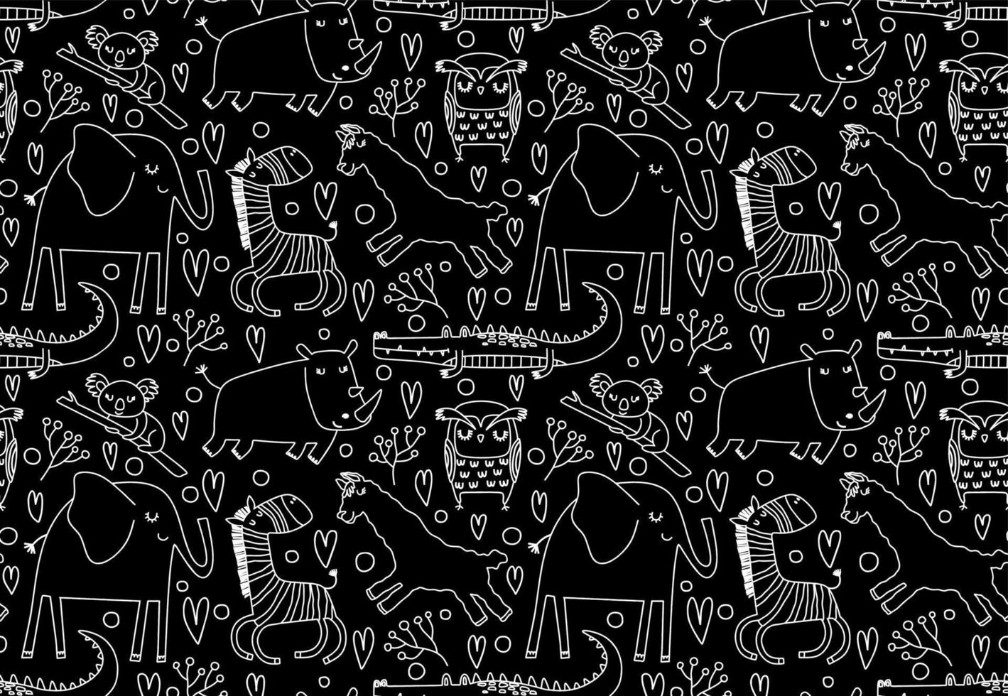 Cute seamless pattern with wild animals line art. vector