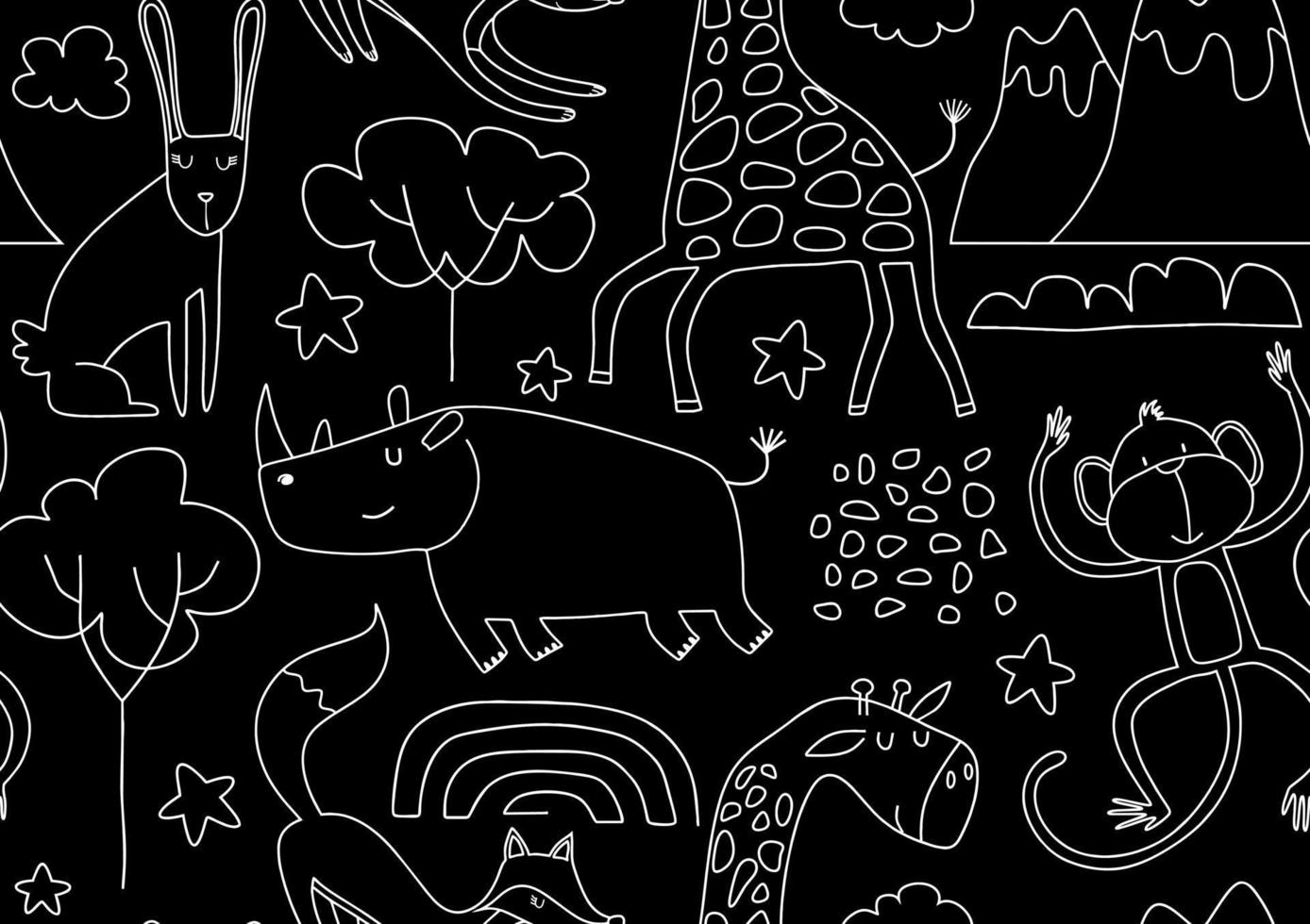 Cute seamless pattern with wild animals line art. vector