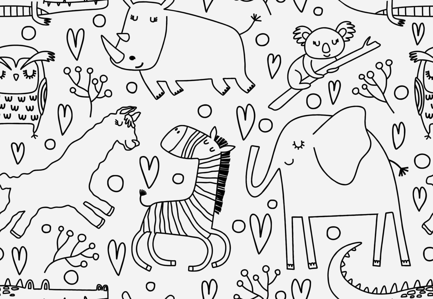 Cute seamless pattern with wild animals line art. vector