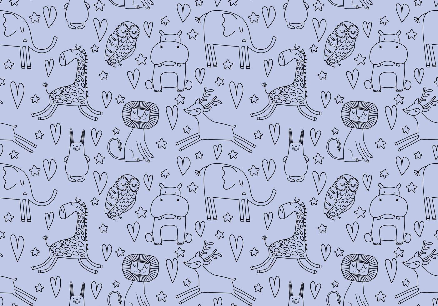 Cute seamless pattern with wild animals line art. vector