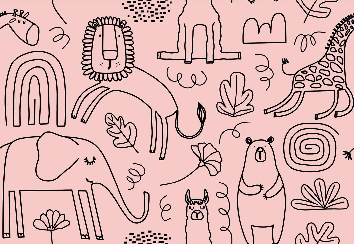 Cute seamless pattern with wild animals line art. vector