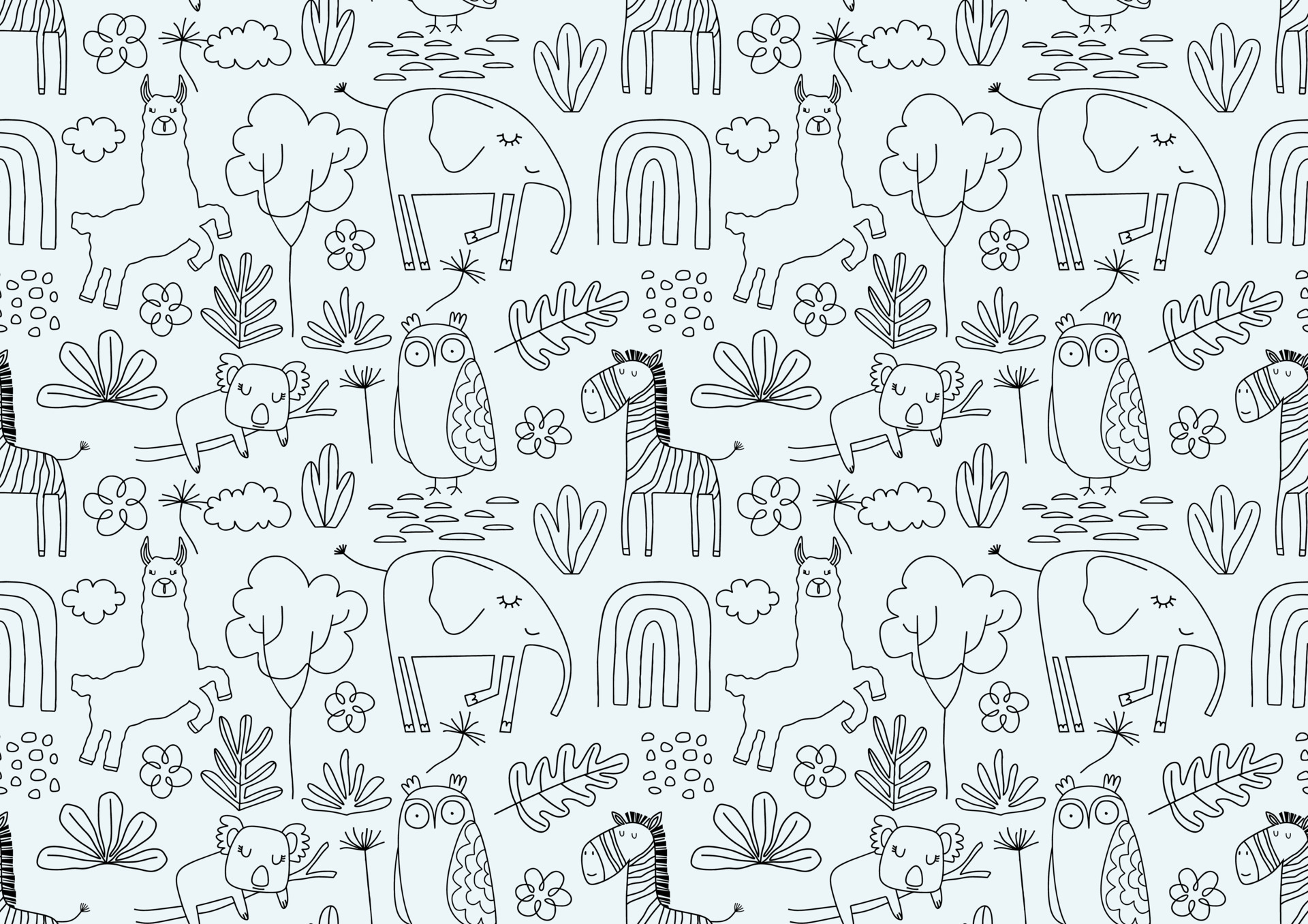 Cute seamless pattern with wild animals line art. 10257572 Vector Art