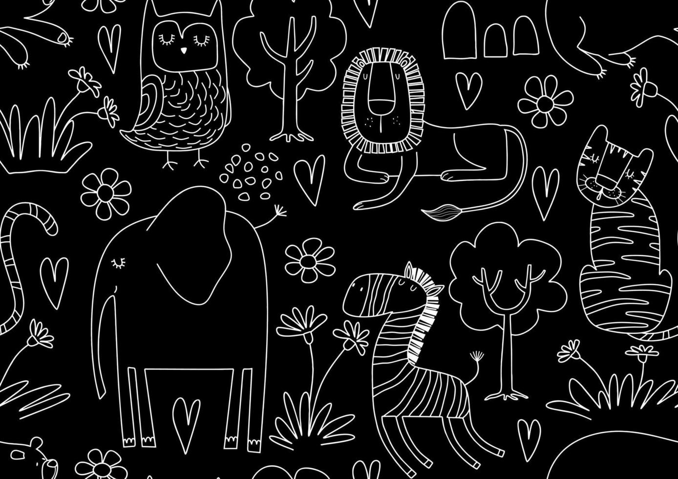 Cute seamless pattern with wild animals line art. vector