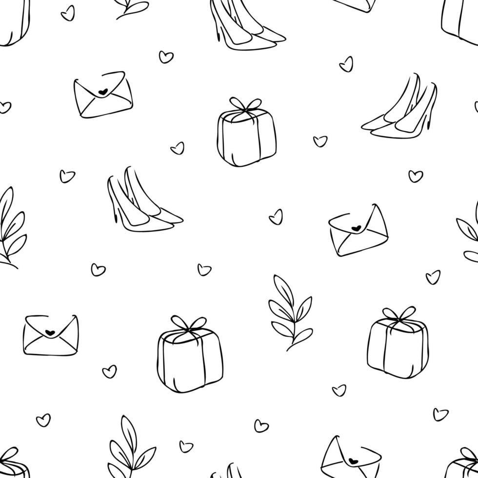 Seamless pattern with pumps and gifts. Vector illustration print.