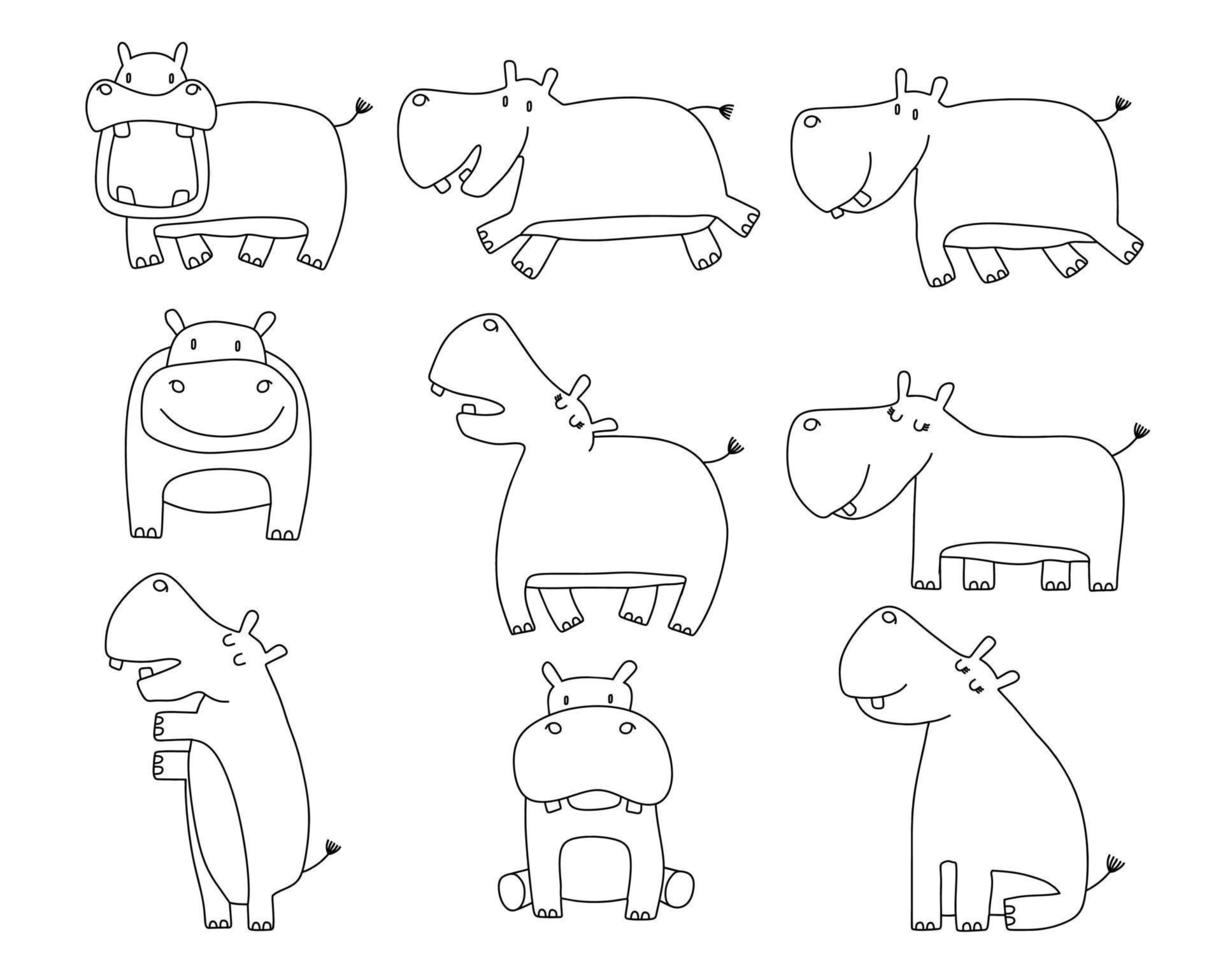 cartoon big set of cute doodle hippopotamus. vector