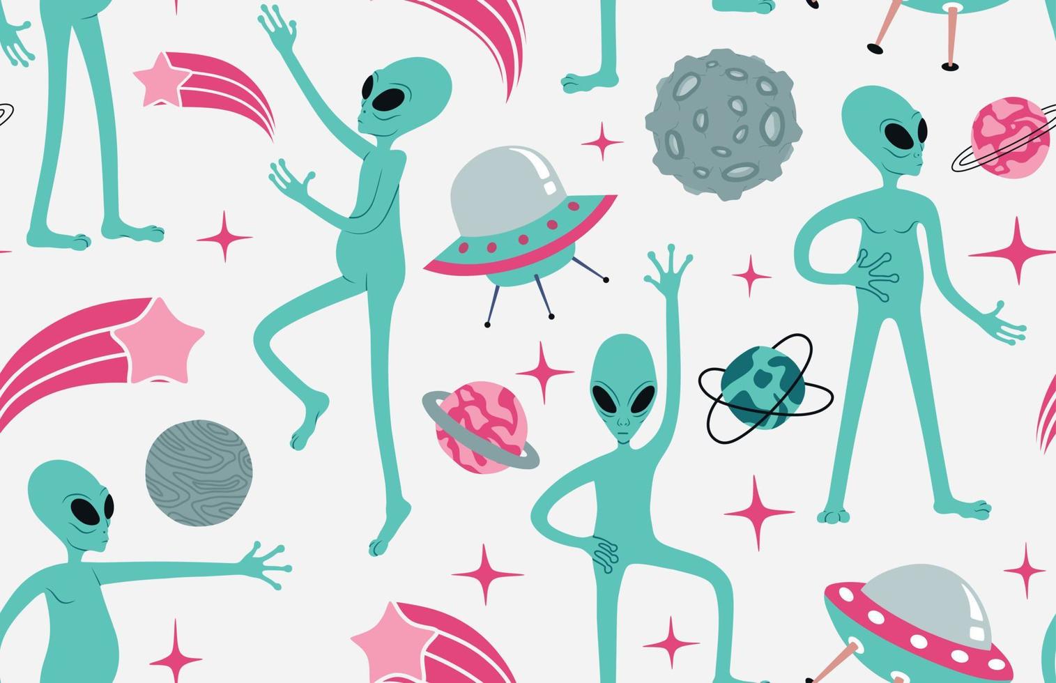 Cute space pattern with aliens. vector