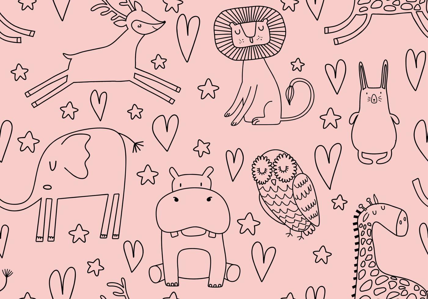 Cute seamless pattern with wild animals line art. vector