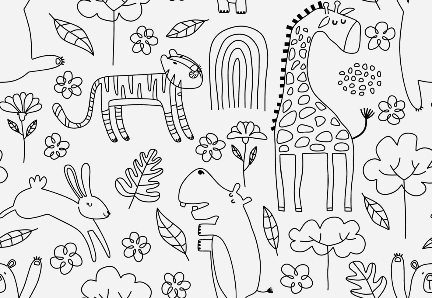 Cute seamless pattern with wild animals line art. vector