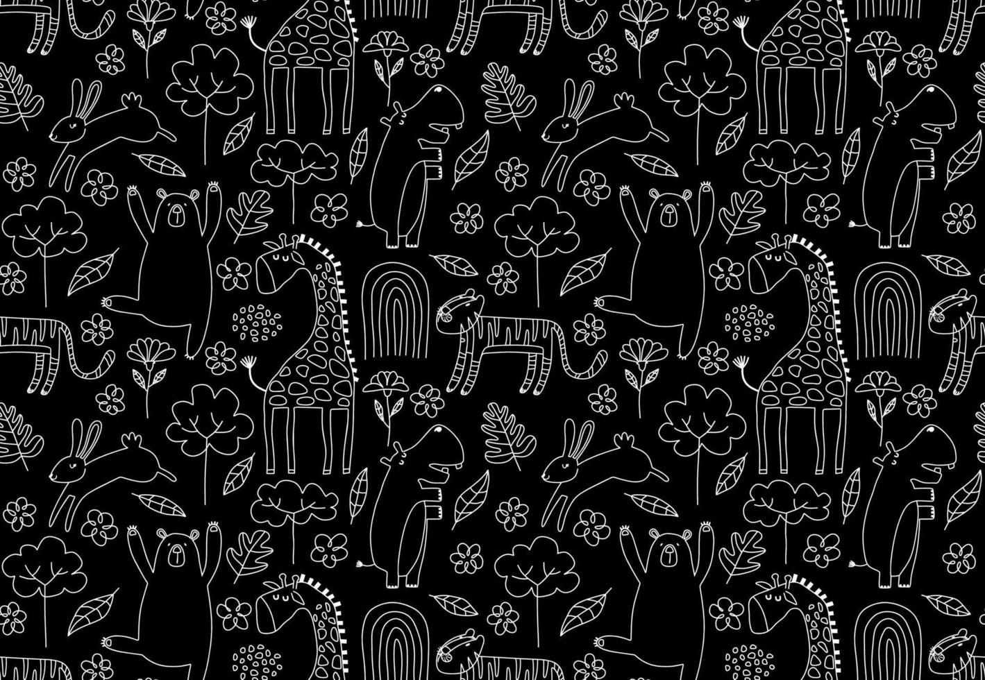 Cute seamless pattern with wild animals line art. vector