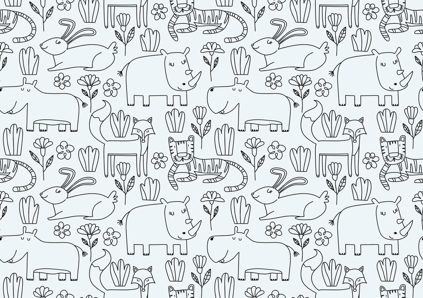 Cute seamless pattern with wild animals line art. vector