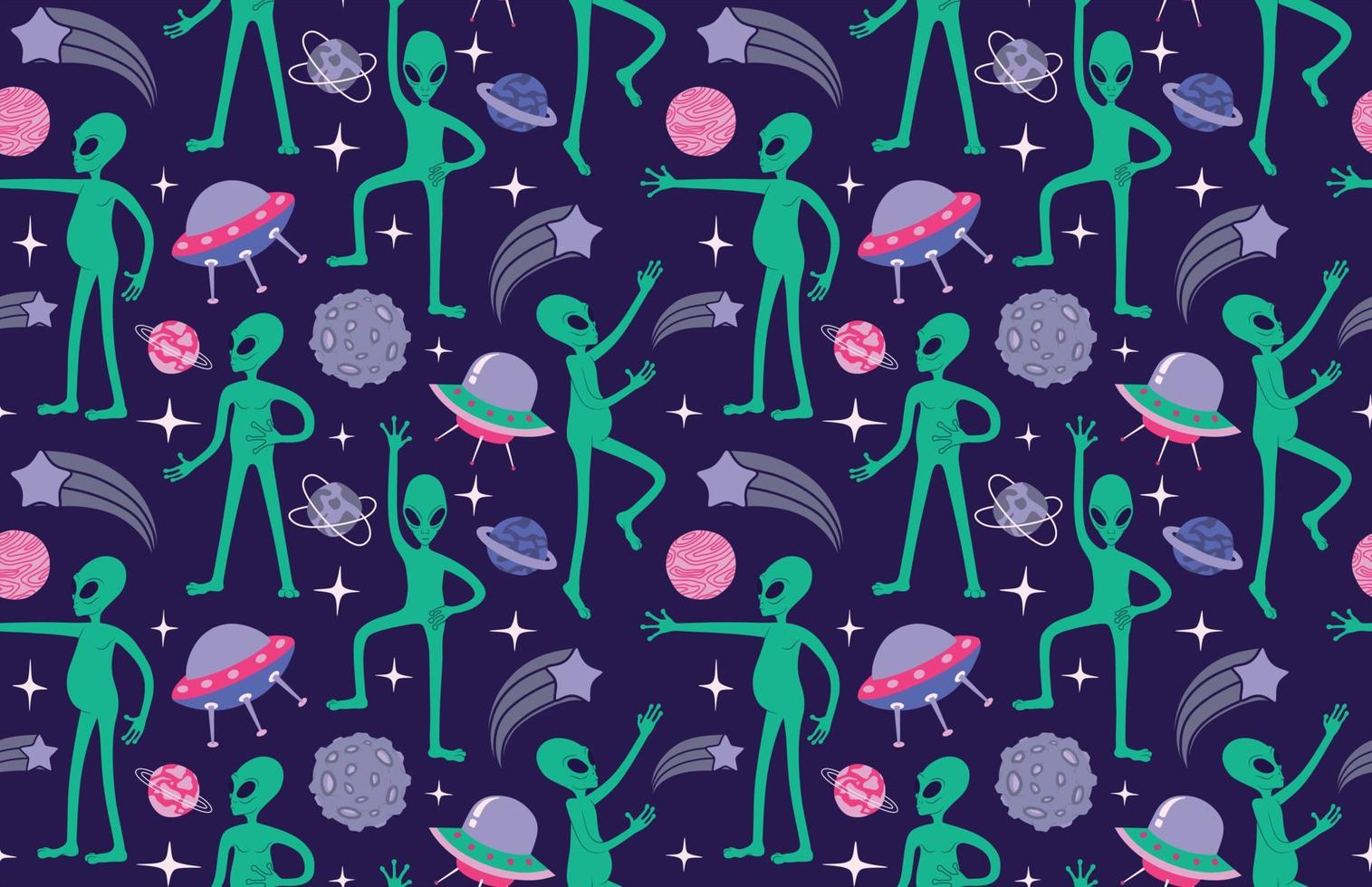 Cute space pattern with aliens. vector