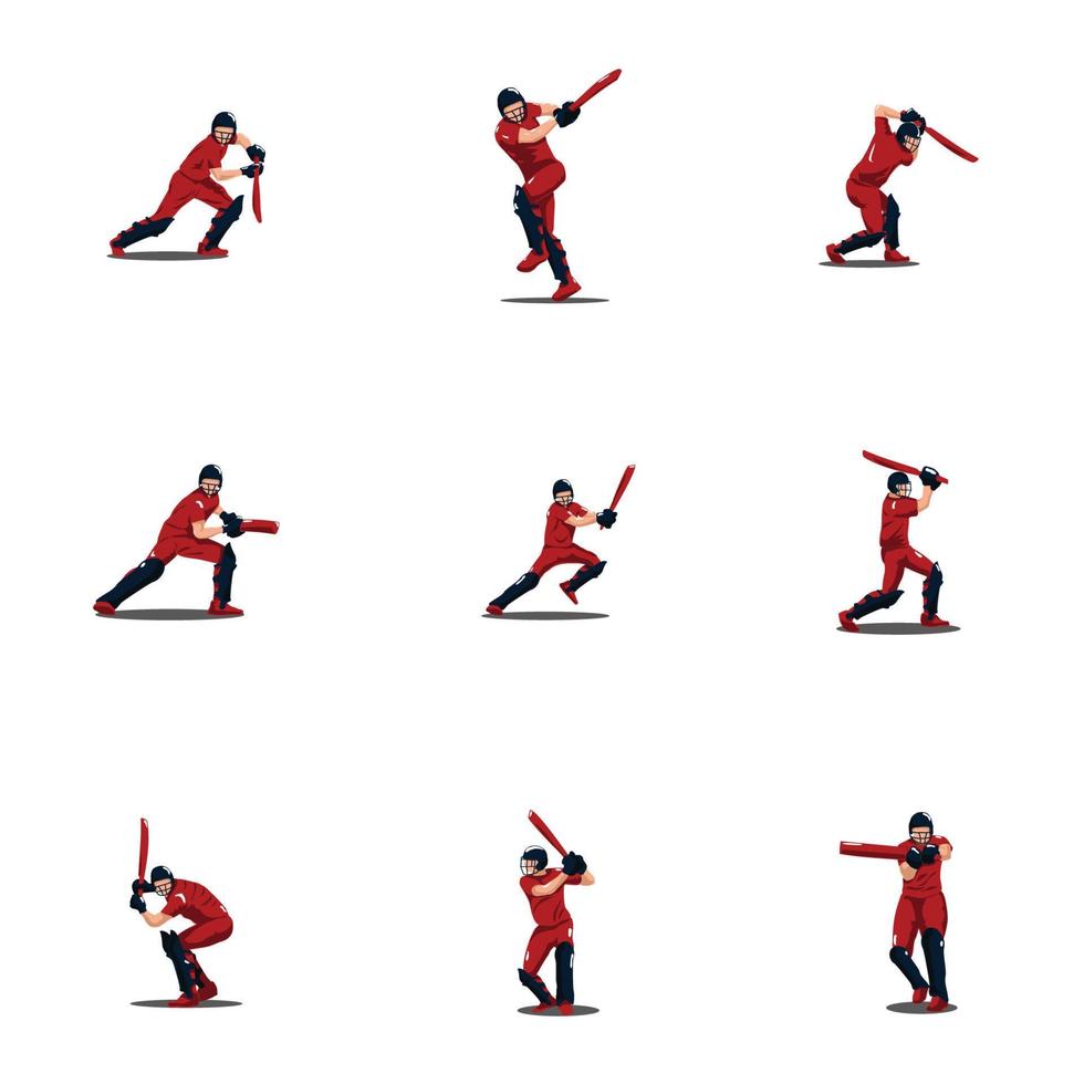 sport man hit the ball on cricket game cartoon set - cricket athlete cartoon set hit the ball isolated on white vector