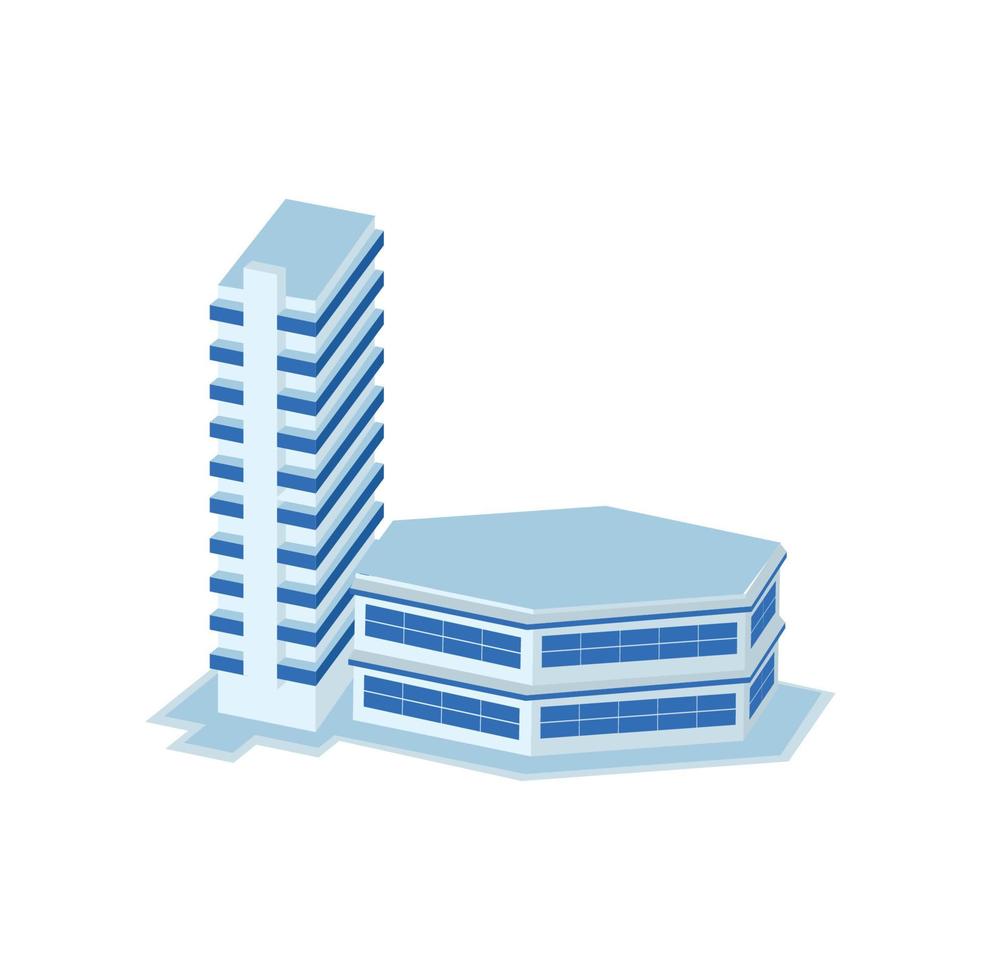 hexagon building and long pillar business tower building - tower, apartment, urban constructions, city scape - 3d isometric building isolated on white vector