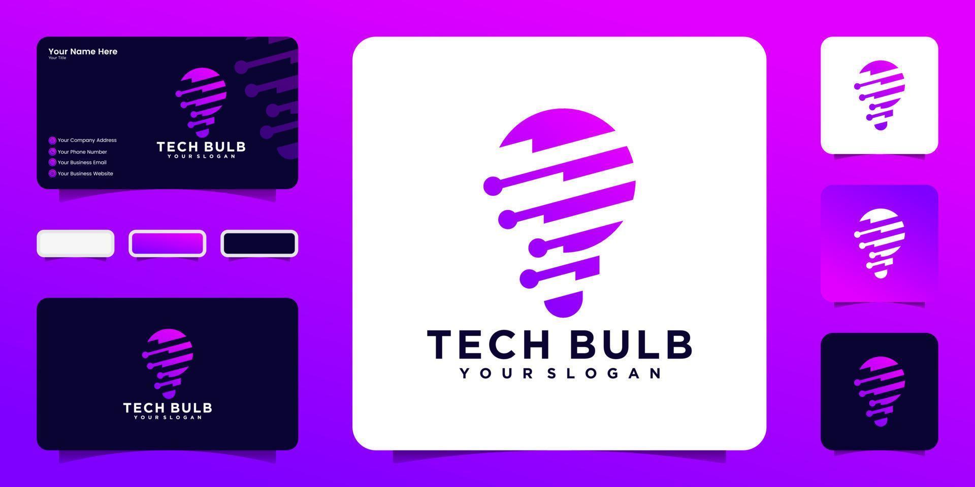concepto de diseño de logotipo de bombilla de tecnología moderna píxel y tarjeta de visita vector