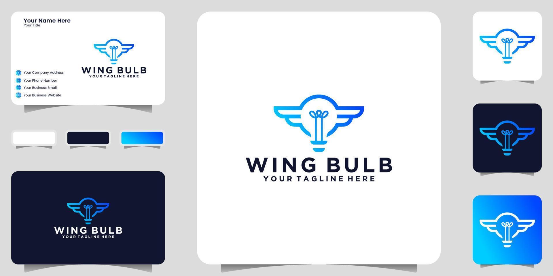 logotipo de bombilla y alas con estilo de arte lineal e inspiración para tarjetas de visita vector