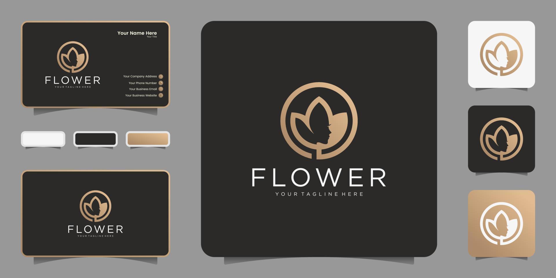 logotipo de flor minimalista con cara de mujer y diseño de icono de círculo, símbolo y tarjeta de visita vector