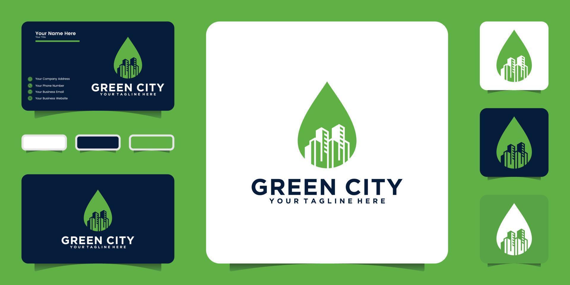 green city logo design inspiration with leaves and buildings and business card inspiration vector