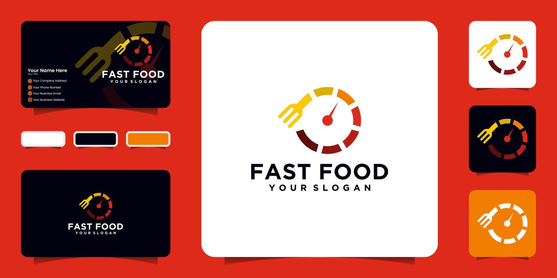 logotipo de comida rápida con concepto de bicicleta de medidor de velocidad y un tenedor, inspiración para el diseño de tarjetas de visita vector