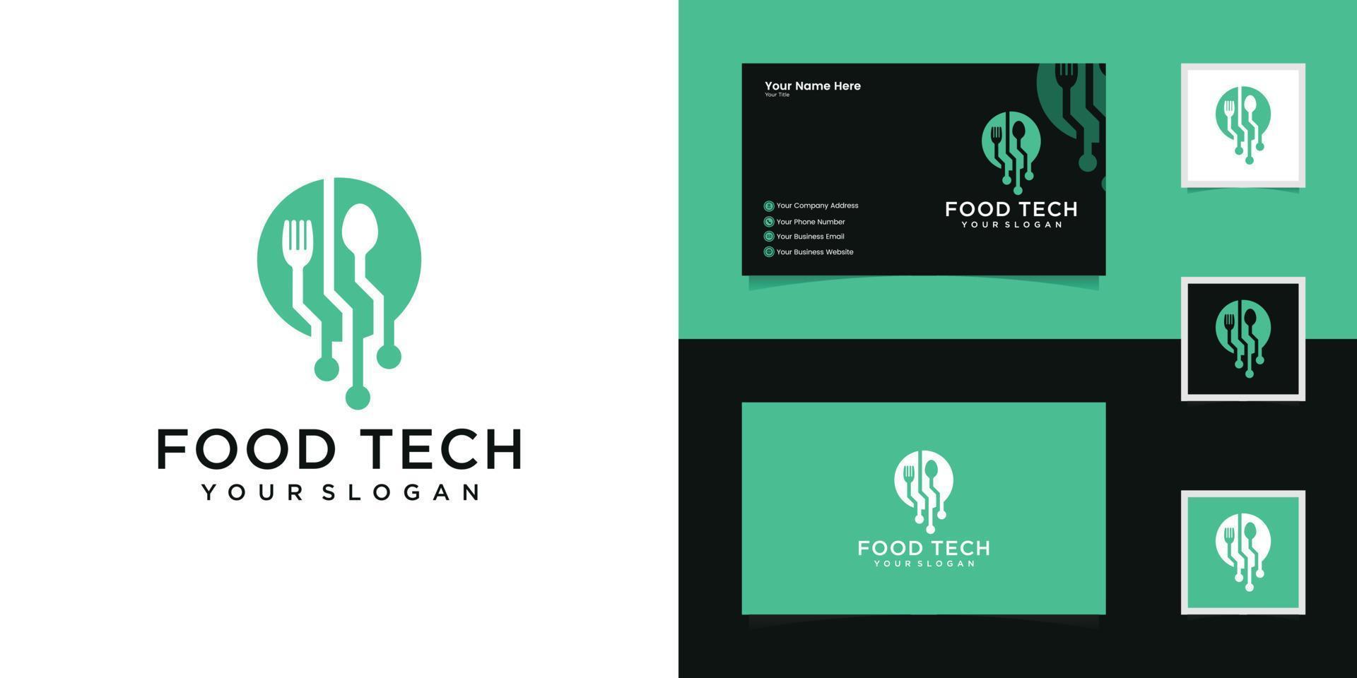 concepto de diseño de logotipo de tecnología de alimentos y tarjeta de visita vector