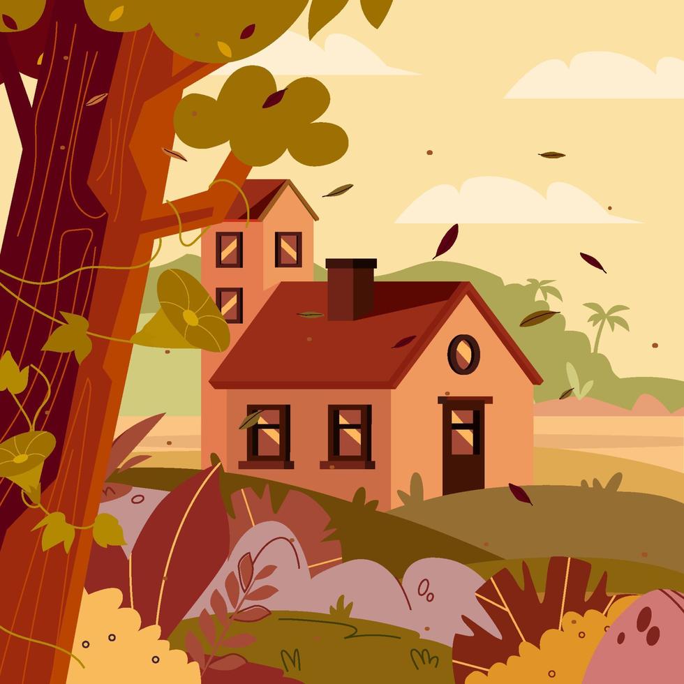 River View House In Floral Fall Season Concept vector